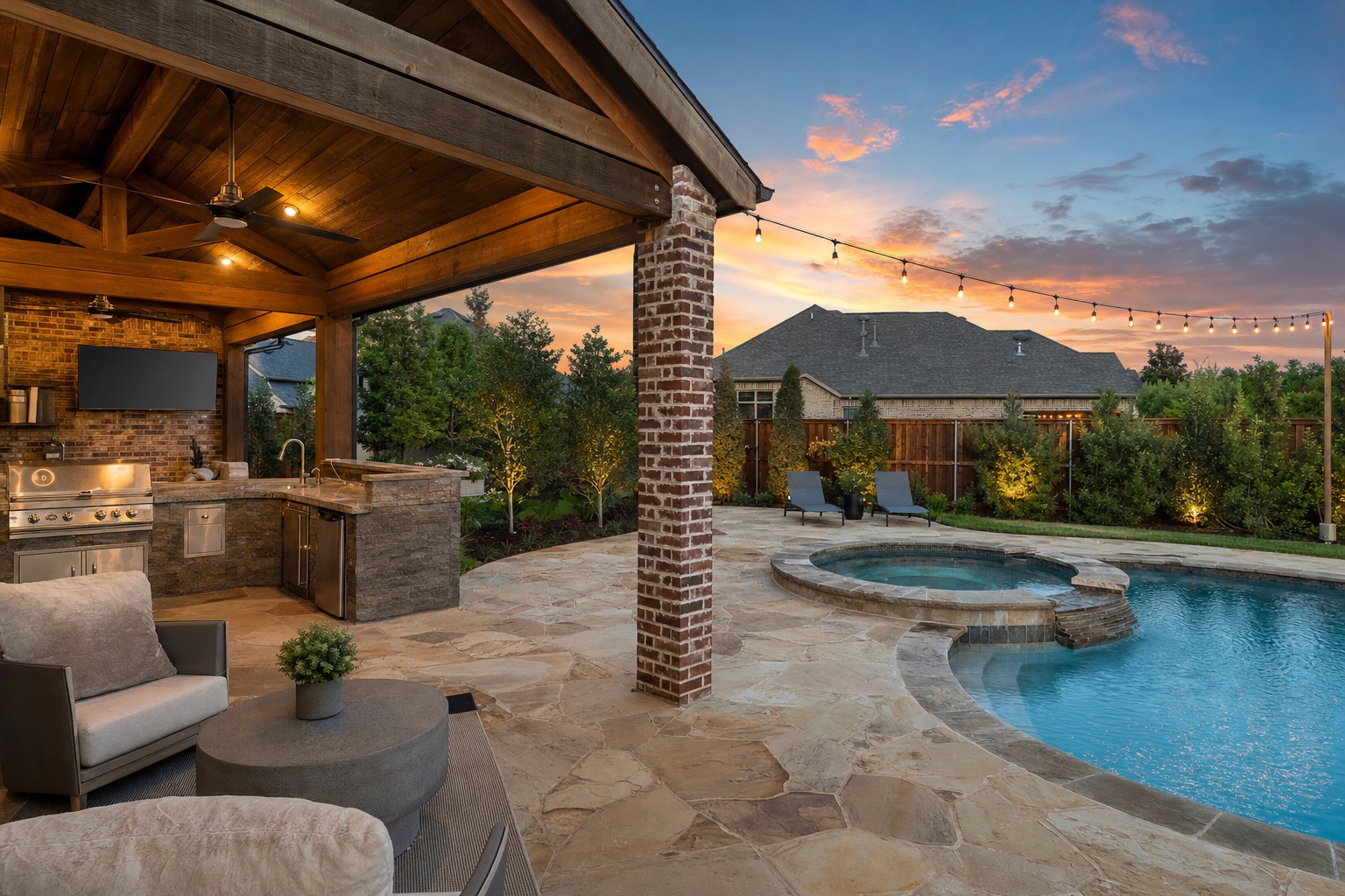 A North Texas backyard with covered patio and pool